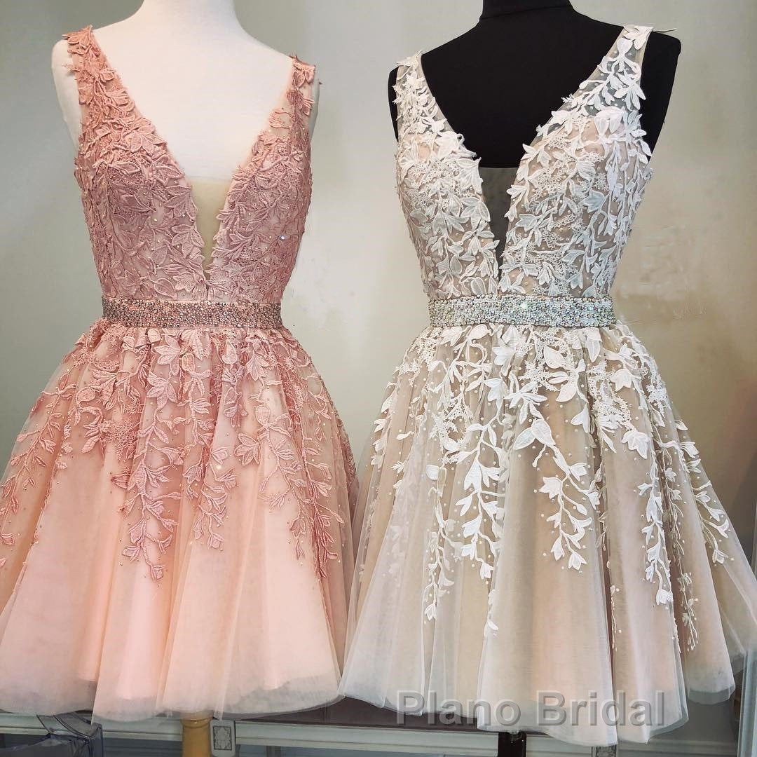 Short V-neck Tulle Formal Prom Homecoming Dresses Lace Embroidery