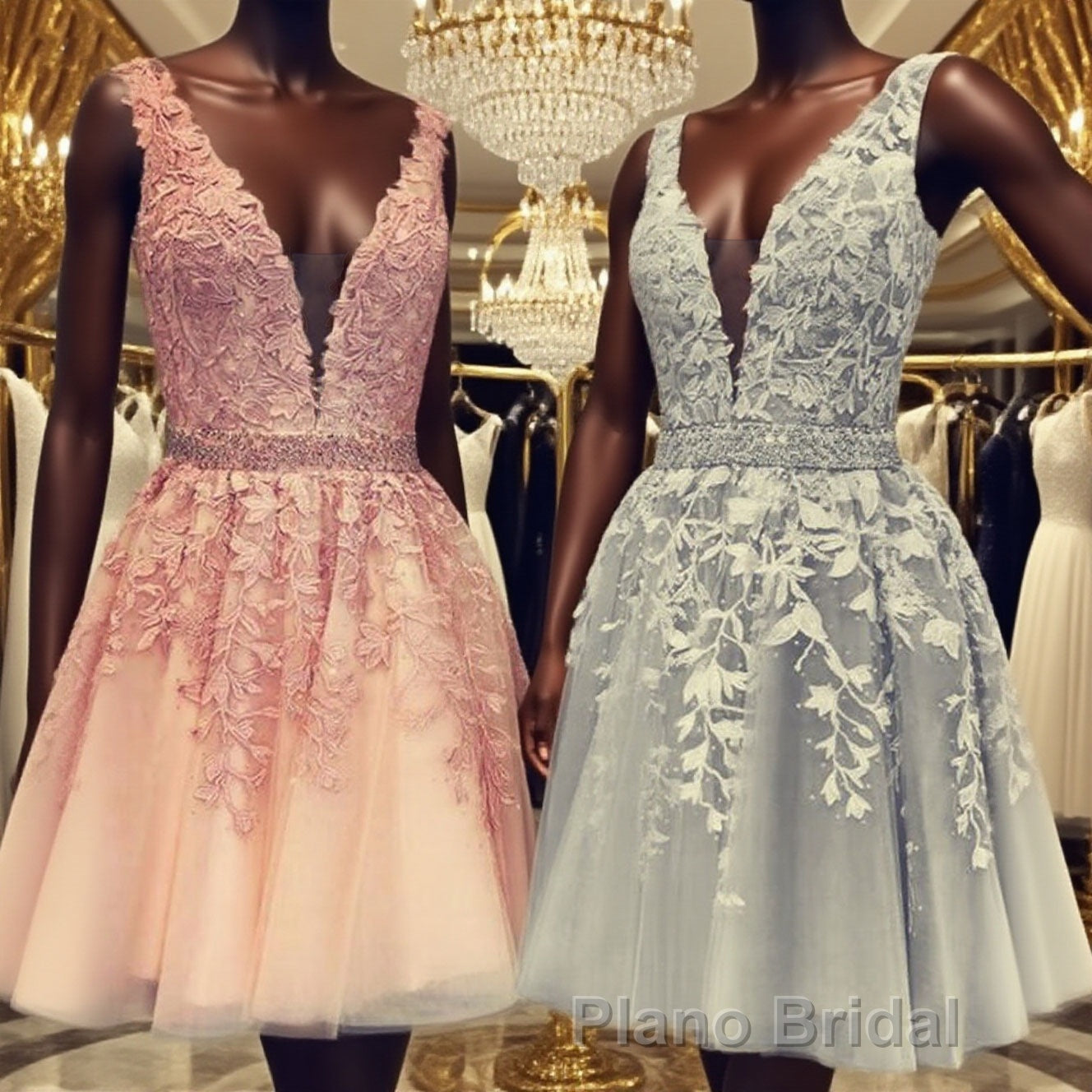 Short V-neck Tulle Formal Prom Homecoming Dresses Lace Embroidery
