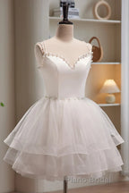 Short V Neck White Formal Prom Dresses, Short V Neck White Formal Homecoming Dresses