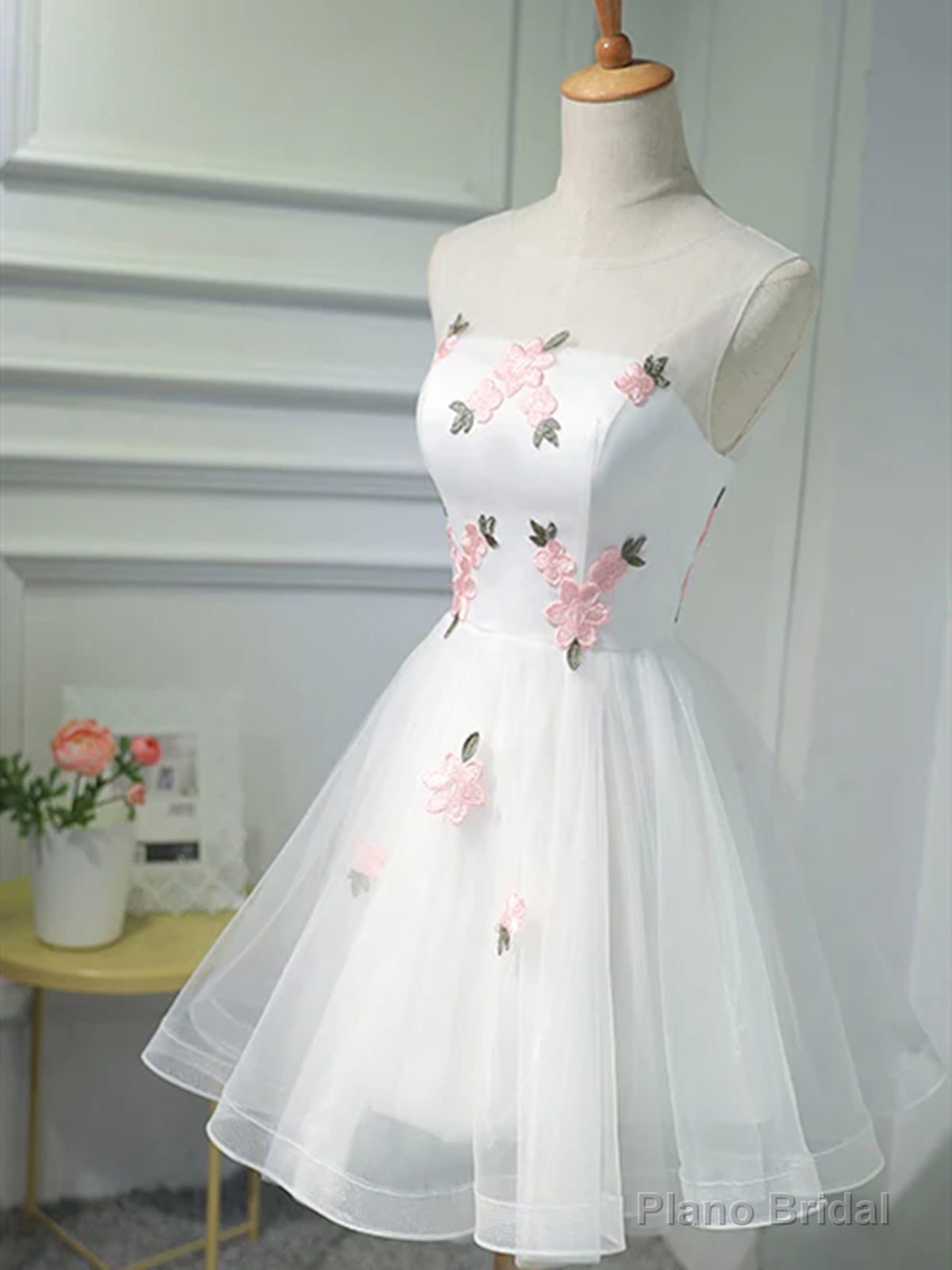 Short White Floral Prom Dresses, Short White Floral Formal Homecoming