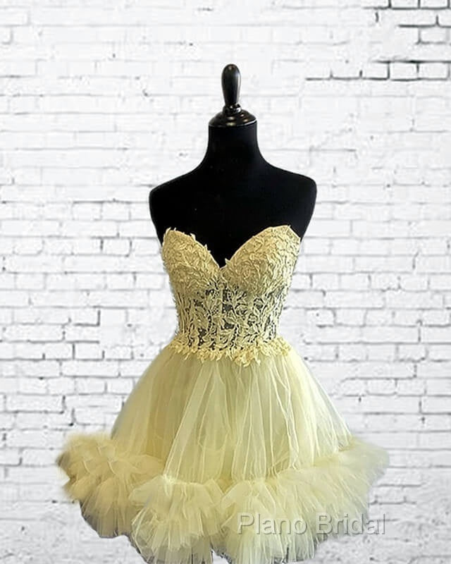 Short Yellow Lace Corset Ruffle Hemline Dresses