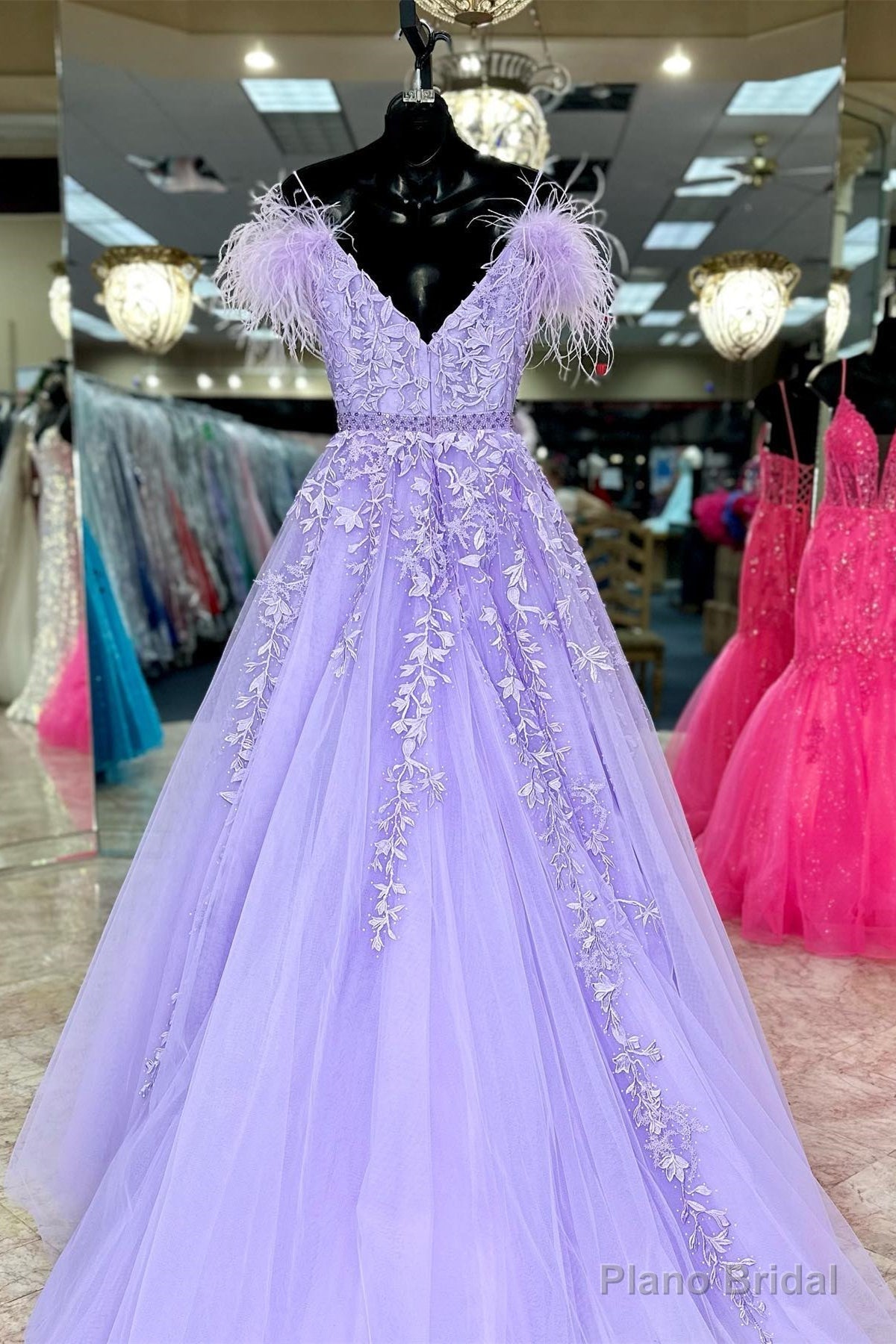 Lavender Appliques Feather Off-the-Shoulder A-Line Prom Gown Secondary image