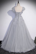 Silver A-line Long Formal Prom Dresses with Cap Sleeves