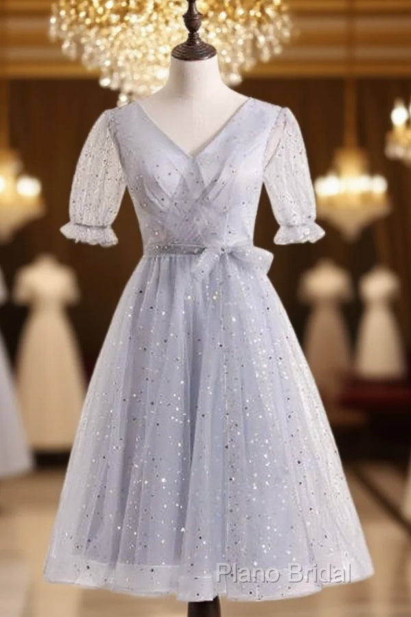 Silver A-Line Short Party Dresses Birthday Dresses With Short Sleeves Homecoming Dresses Main image