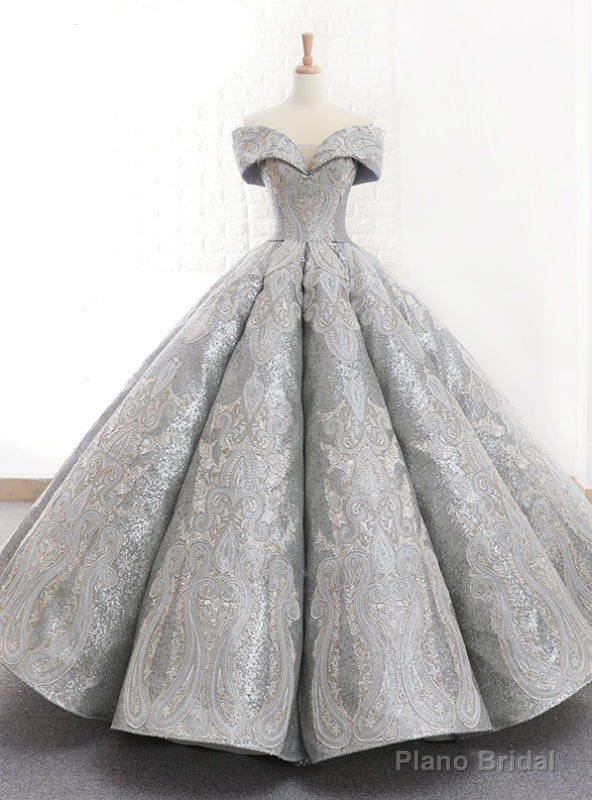Silver Ball Gown Sequins Off The Shoulder Backless Wedding Dress Main image