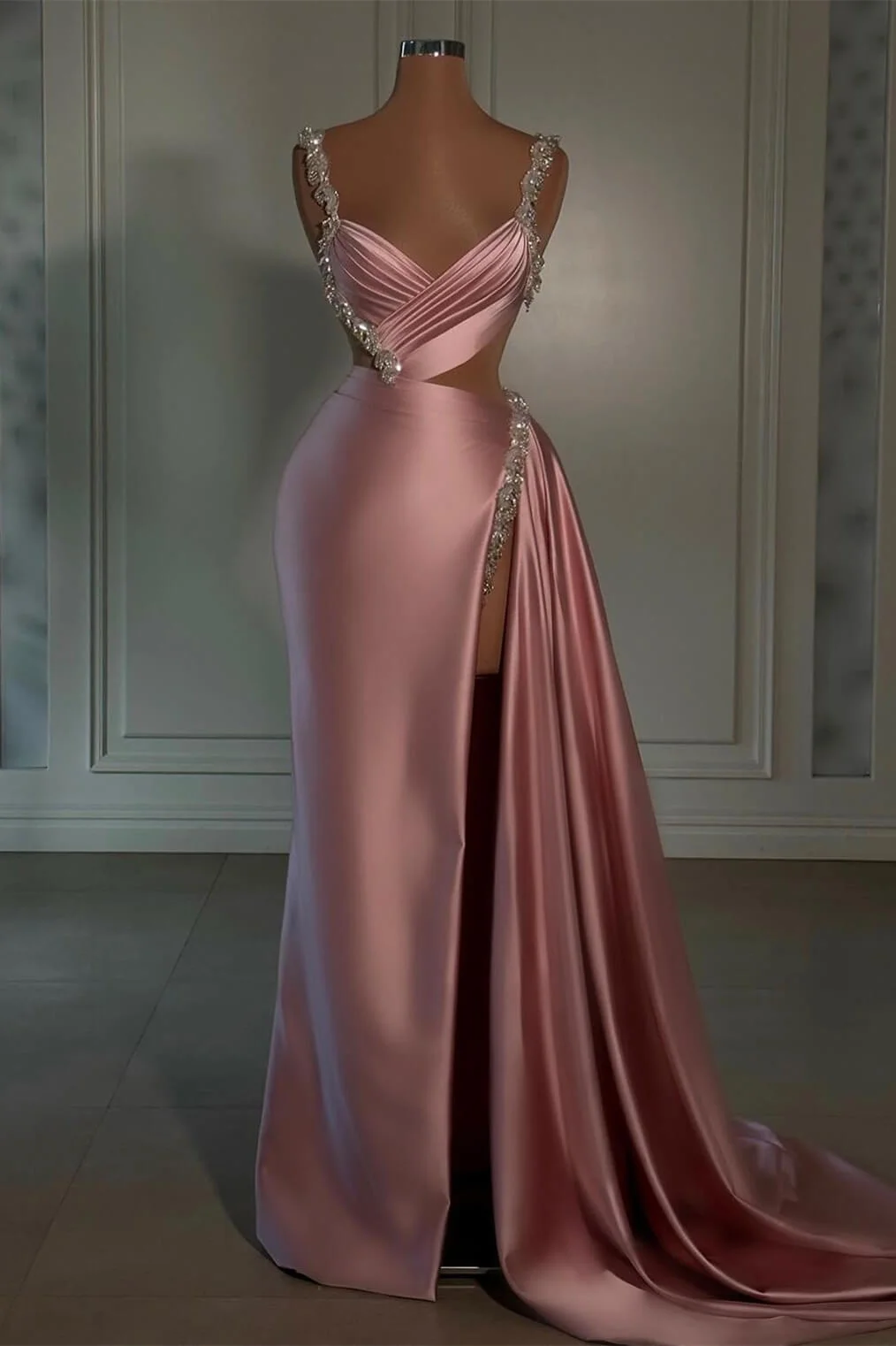 Silver Beaded Straps Shiny Pink Satin High Split Prom Dresses Main image