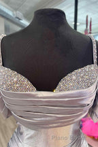 Silver Cold Sleeves Beaded Ruched Mermaid Formal Prom Dresses