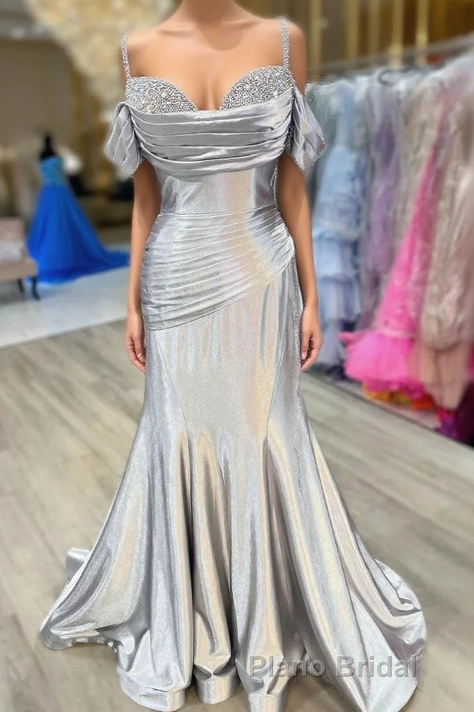 Silver Cold Sleeves Beaded Ruched Mermaid Formal Prom Dresses Main image