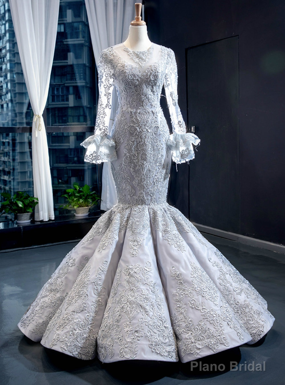 Silver Gray Mermaid Satin Lace Appliques Long Sleeve Luxury Prom Dress Main image