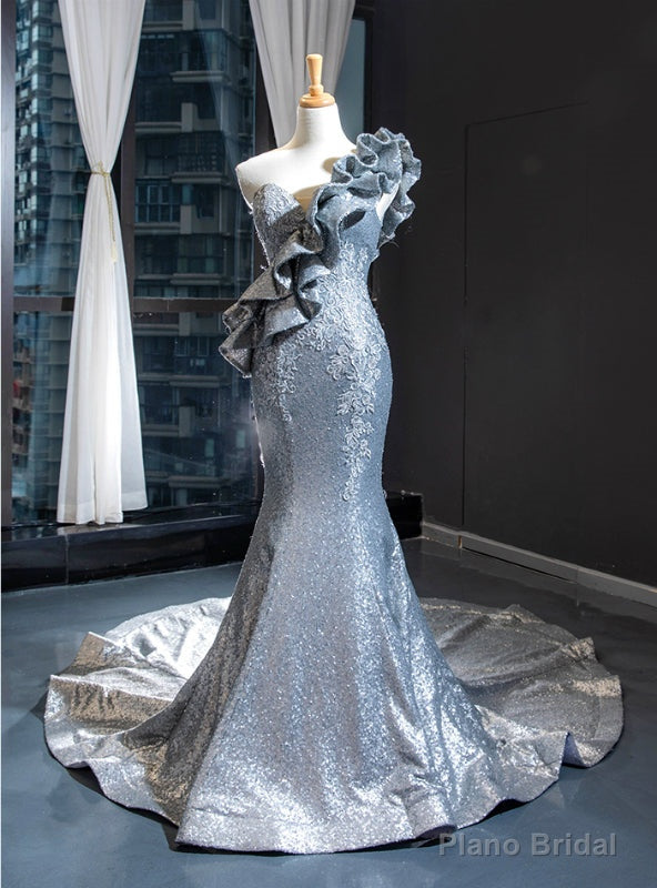Silver Gray Mermaid Sequins Sleeveless Ruffles Appliques Prom Dress Main image