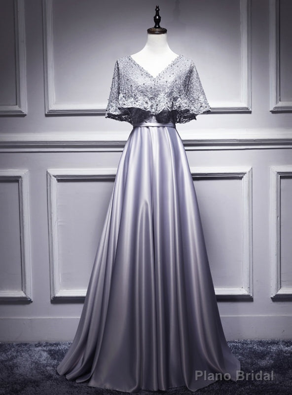 Silver Gray Satin Lace V-neck Bat Pearls Prom Dress