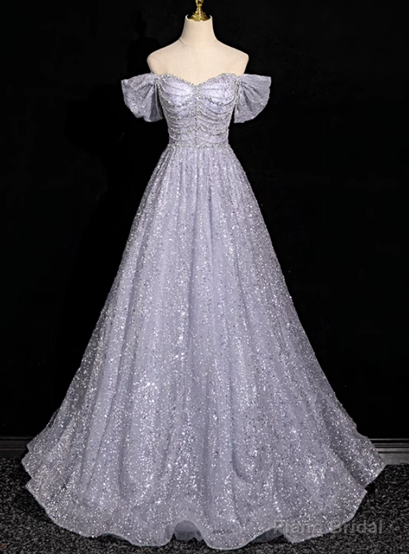 Silver Gray Sequins Off the Shoulder Beading Prom Dress Main image