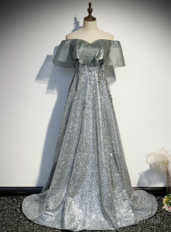 Silver Gray Sequins Off the Shoulder Prom Dress Main image