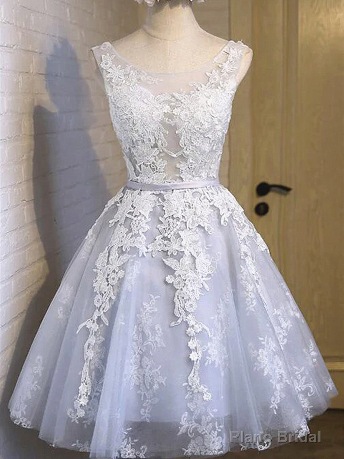 Silver Gray Short Lace Prom Dresses, Grey Short Lace Formal Homecoming Dresses Main image
