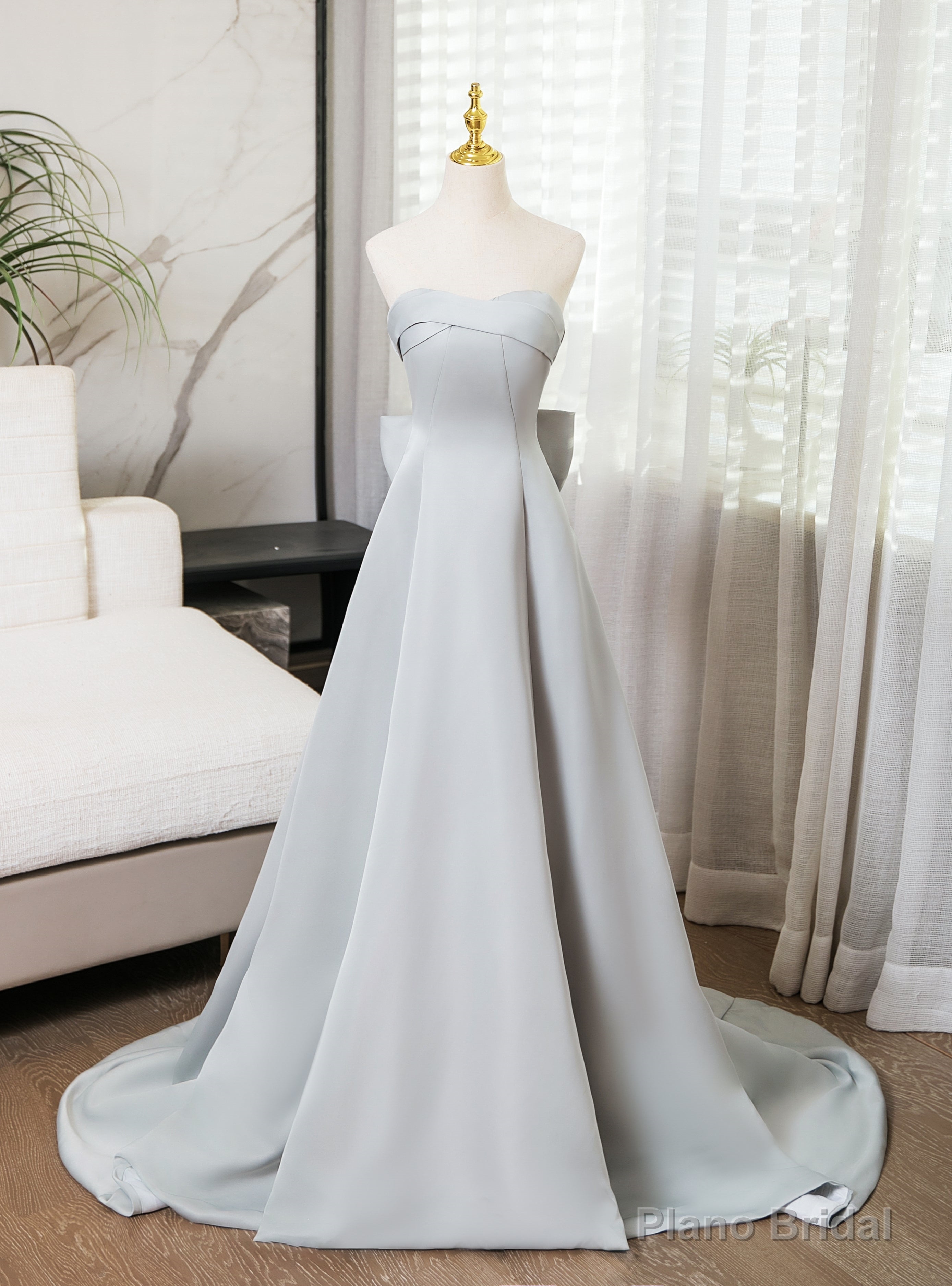 Silver Gray Strapless Bow Prom Dress Main image
