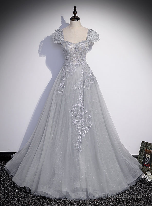 Silver Gray Tulle Appliques Beading Prom Dress Main image