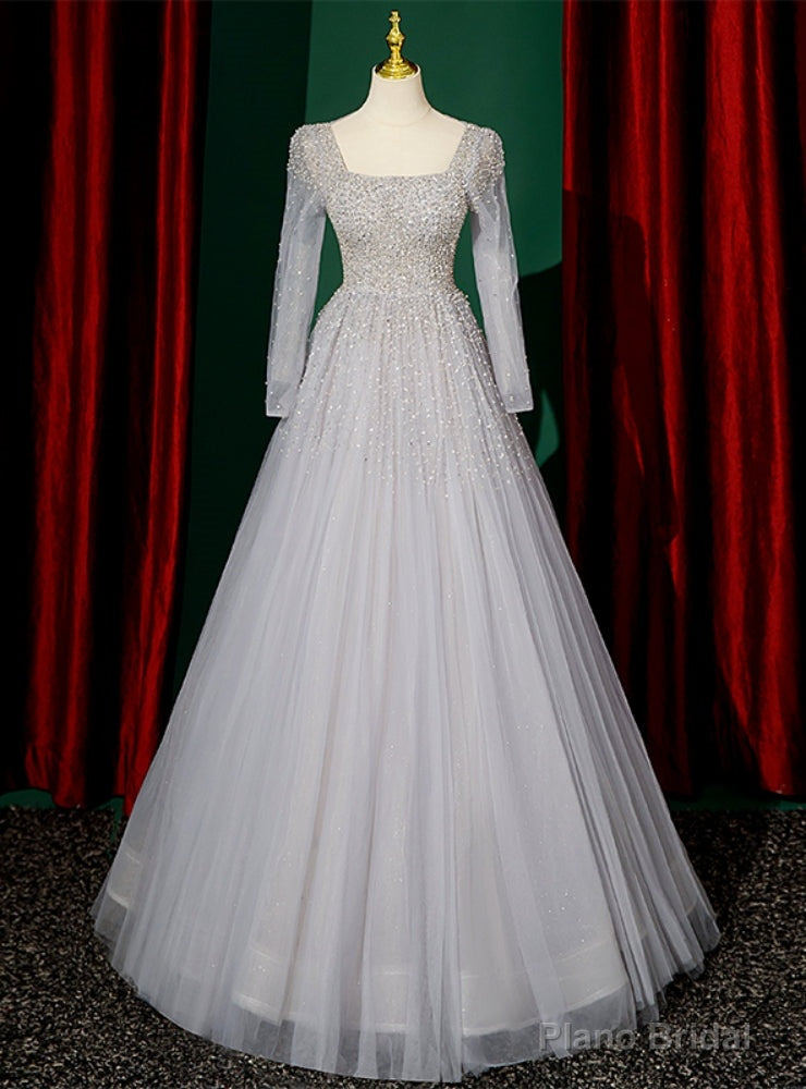 Silver Gray Tulle Long Sleeve Beading Sequins Prom Dress