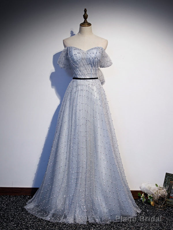 Silver Gray Tulle Sequins Pearls Pleats Prom Dress Main image