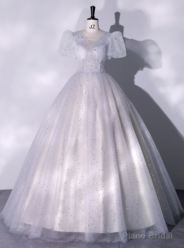 Silver Gray Tulle Sequins Puff Sleeve Quinceanera Dress Main image