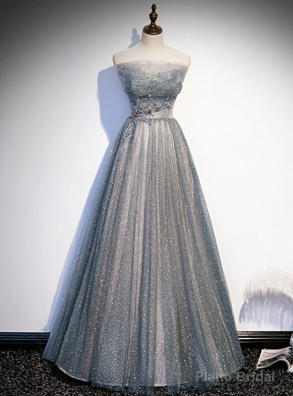 Silver Gray Tulle Sequins Strapless Beading Prom Dress Main image