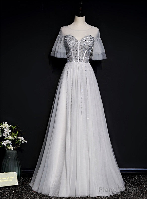 Silver Gray Tulle Short Sleeve Beading Sequins Prom Dress