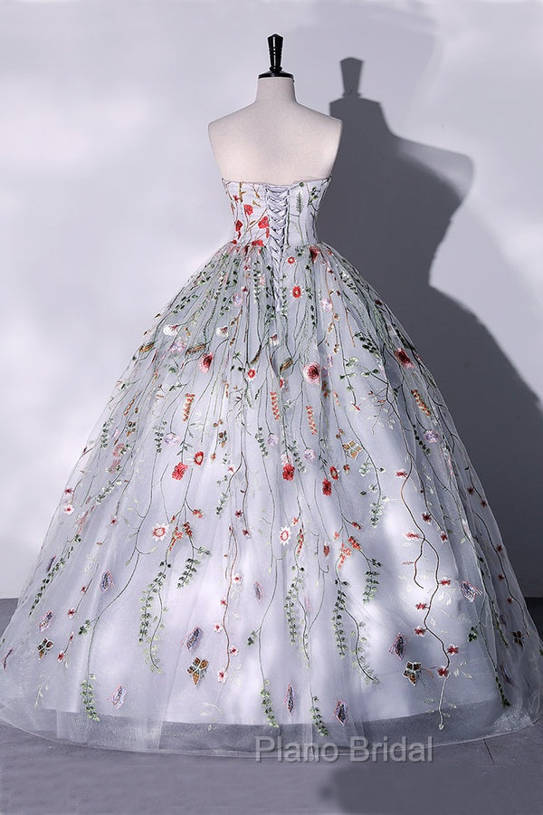 Silver Grey Strapless Ball Gown Formal Prom Dresses Floral Floor Length Quinceanera Dresses