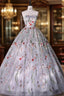 Silver Grey Strapless Ball Gown Formal Prom Dresses Floral Floor Length Quinceanera Dresses