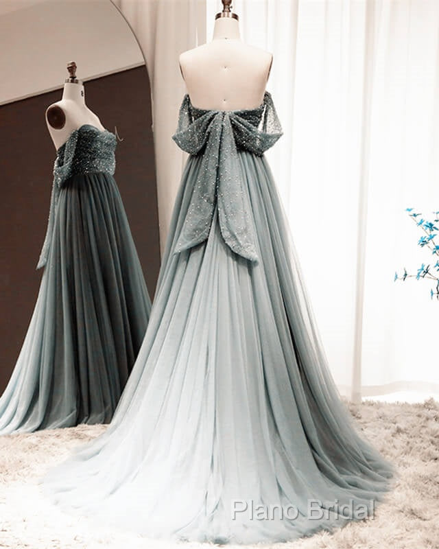 Silver Grey Tulle Off Shoulder Beading Dresses Secondary image