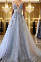 Silver Grey V Neck Floor Length Long Beaded Formal Prom Dresses, Grey Long Beaded Formal Evening Dresses