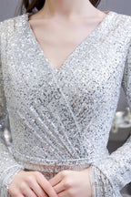 Long Sleeve V Neck Floor Length Crystal Beaded Sequins Mermaid Prom Dresses