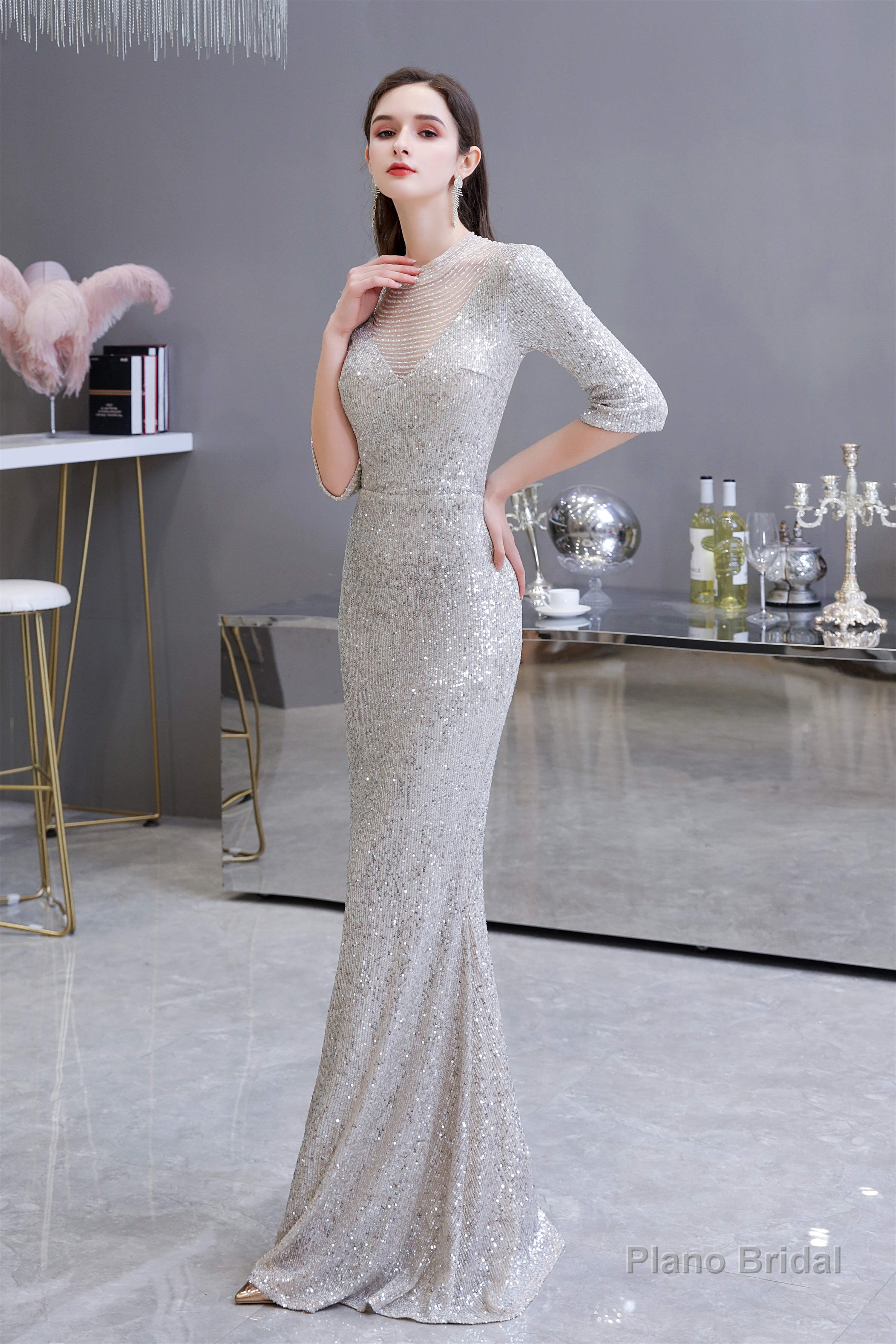 Silver Long sleeves Long Prom Dresses Main image