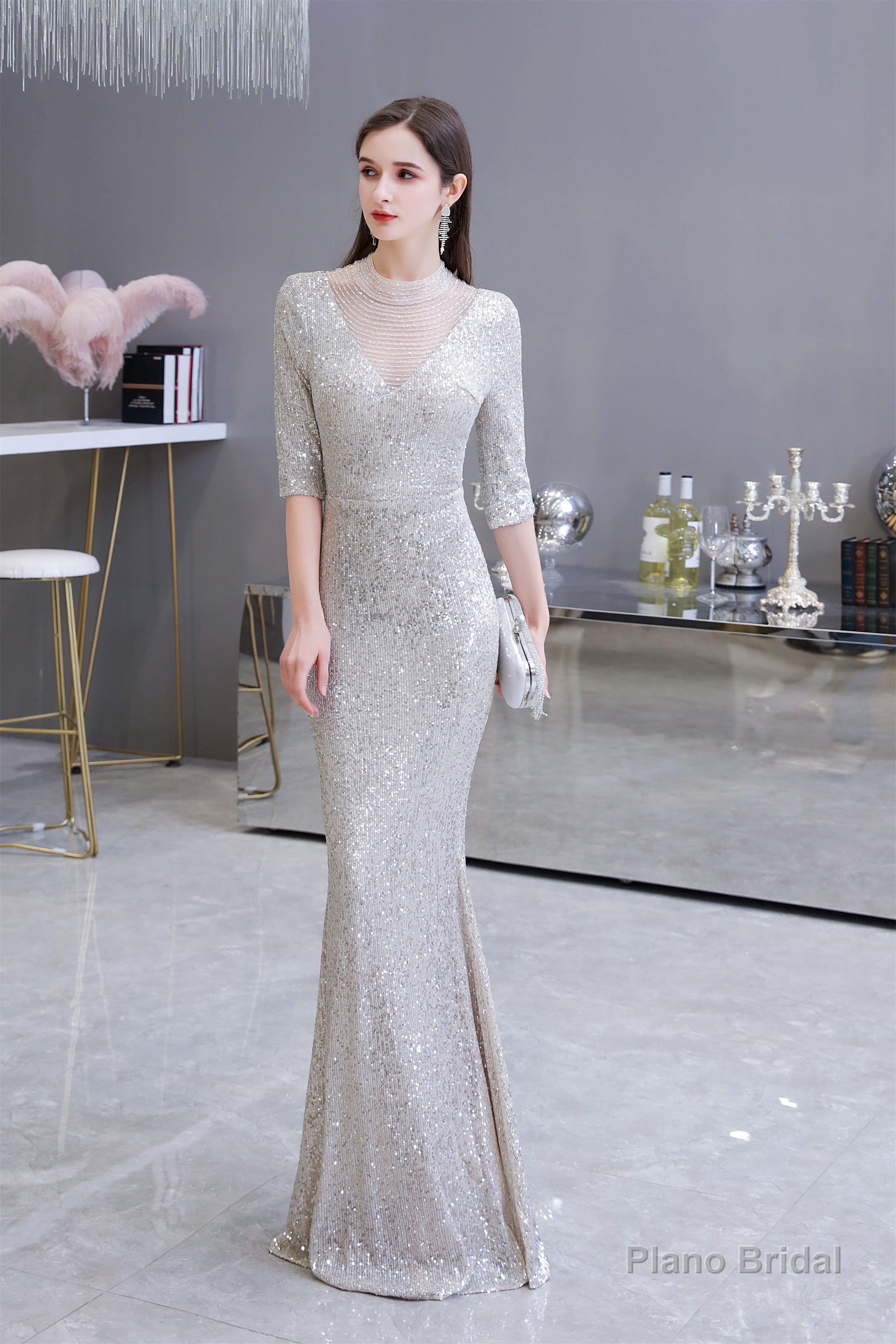 Silver Long sleeves Long Prom Dresses Secondary image