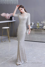 Silver Long sleeves Long Prom Dresses