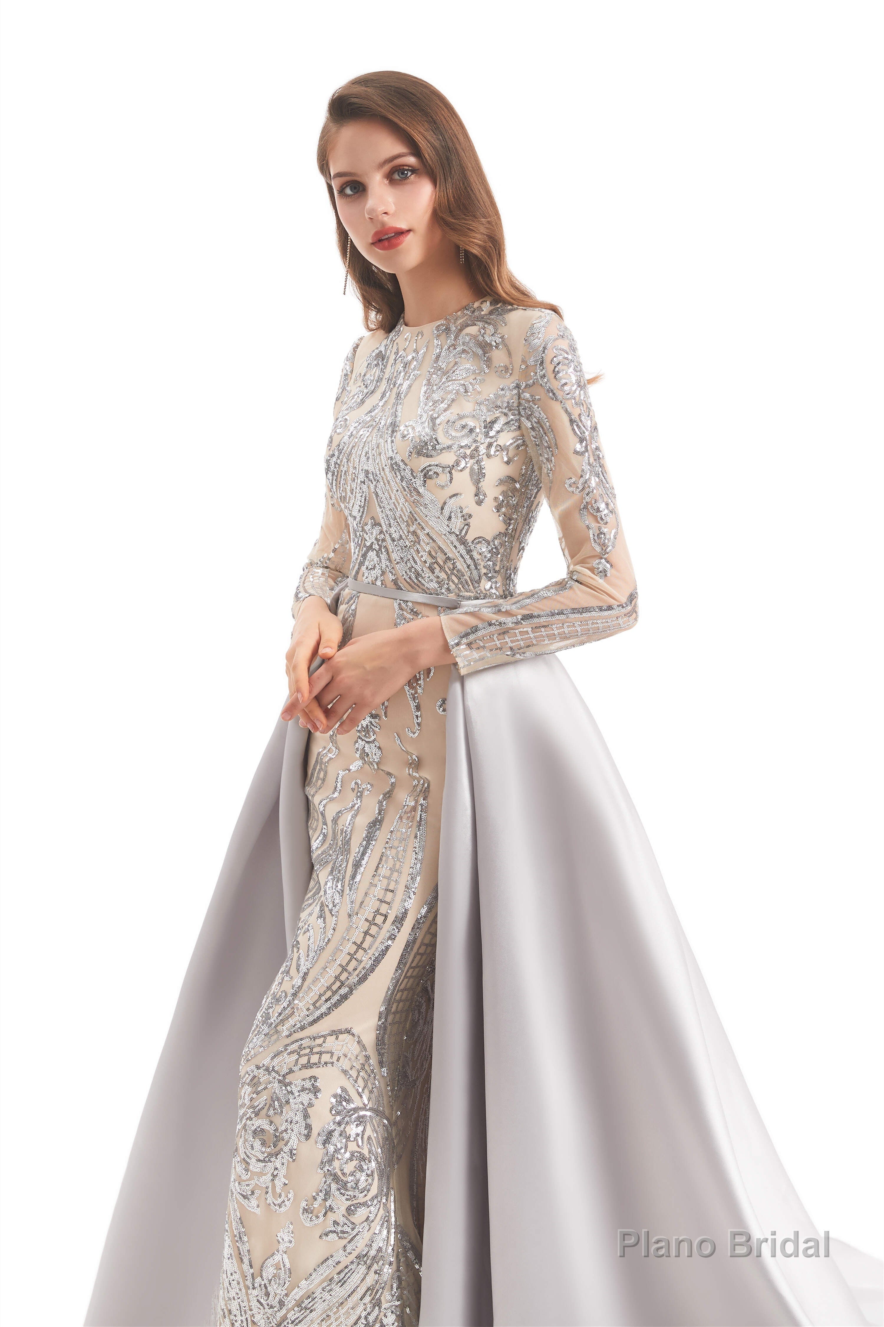 Long Sleeves Mermaid Detachable Train Prom Dresses with Train Sequined