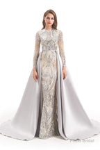 Long Sleeves Mermaid Detachable Train Prom Dresses with Train Sequined