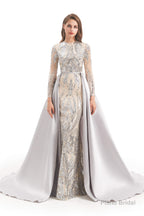 Long Sleeves Mermaid Detachable Train Prom Dresses with Train Sequined