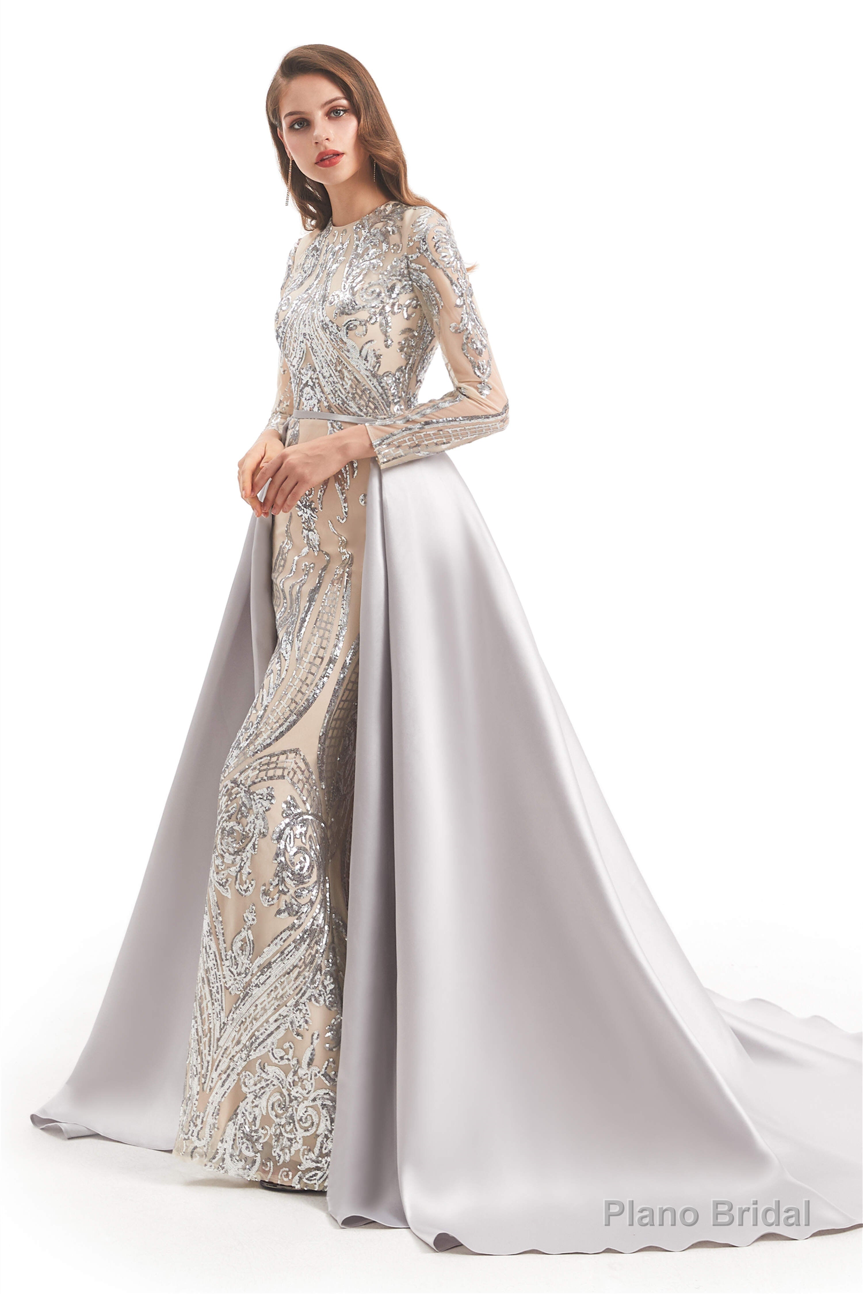 Long Sleeves Mermaid Detachable Train Prom Dresses with Train Sequined