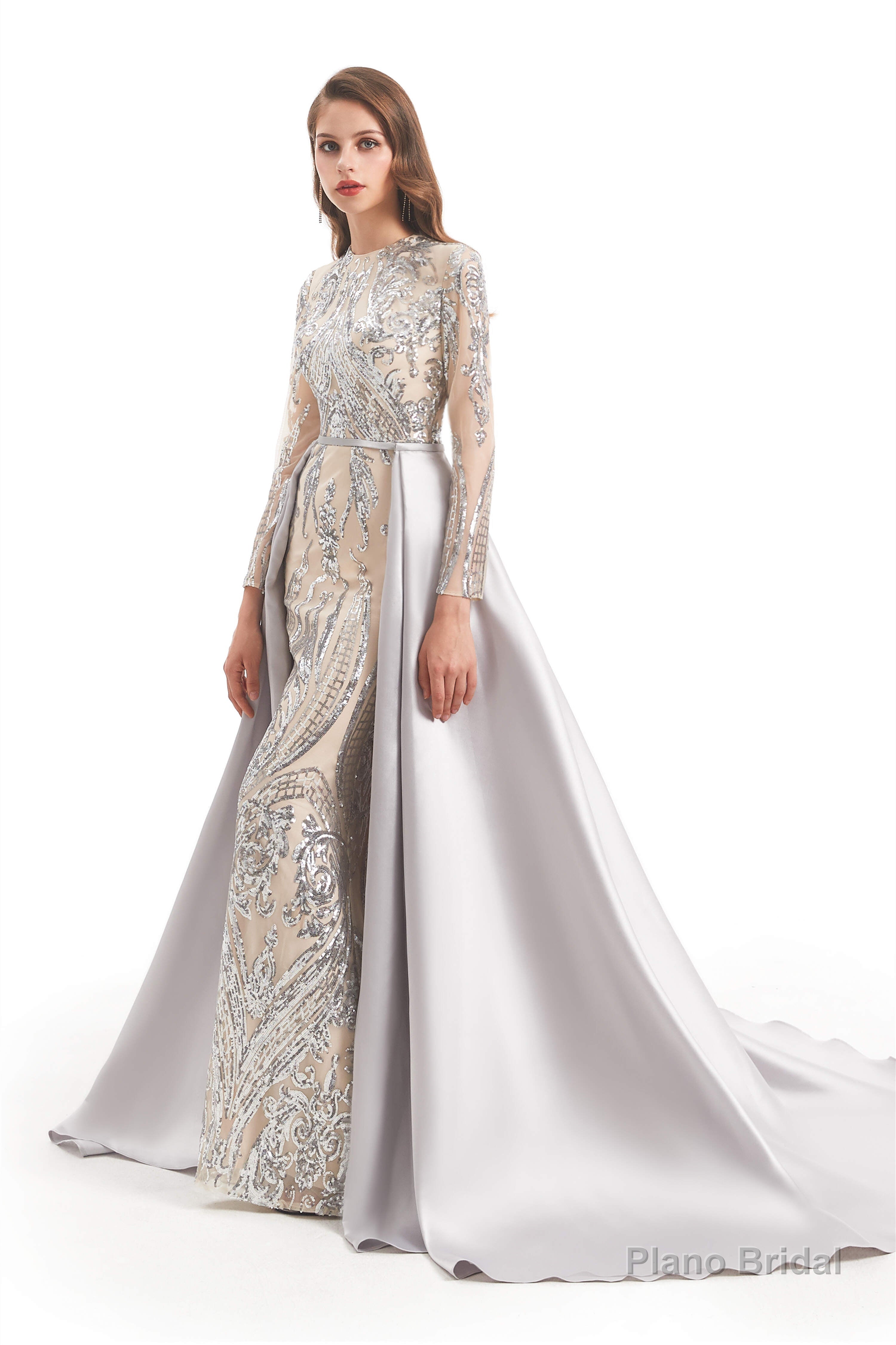 Long Sleeves Mermaid Detachable Train Prom Dresses with Train Sequined