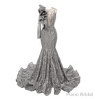 Silver Mermaid One Sleeve Prom Dresses Sequined Lace Jewel Ruffles Evening Party Dress with Appliques