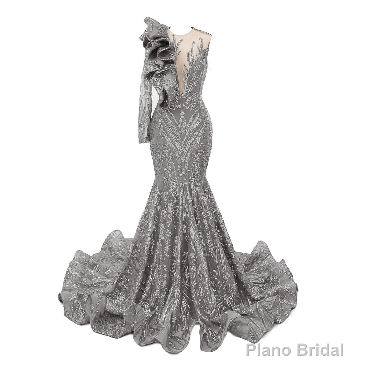 Silver Mermaid One Sleeve Prom Dresses Sequined Lace Jewel Ruffles Evening Party Dress with Appliques Main image