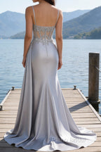 Silver Mermaid Pleated Sheer Long Corset Satin Prom Dress With Slit