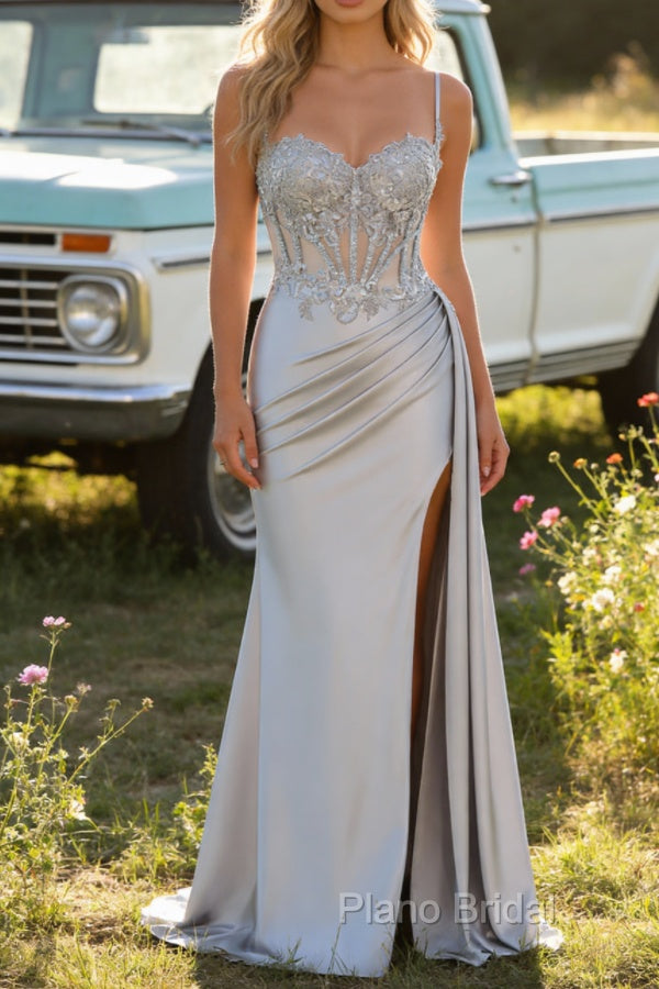 Silver Mermaid Pleated Sheer Long Corset Satin Prom Dress With Slit Main image