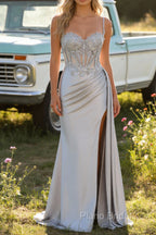 Silver Mermaid Pleated Sheer Long Corset Satin Prom Dress With Slit
