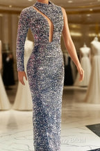 Silver Mermaid Sequin Formal Prom Dresses One Shoulder