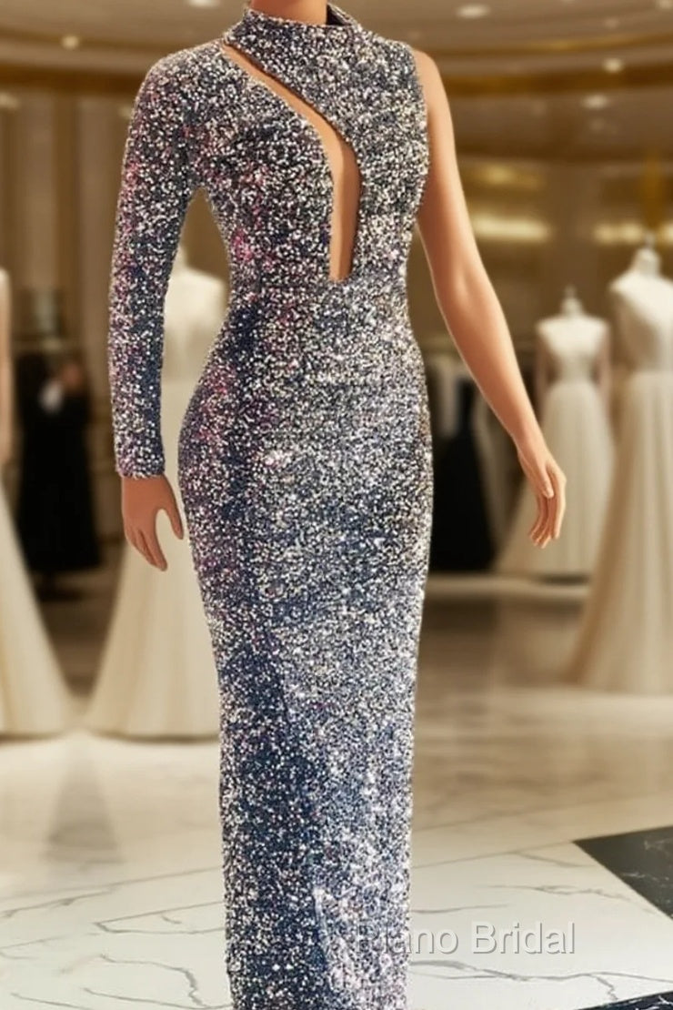 Silver Mermaid Sequin Formal Prom Dresses One Shoulder Main image