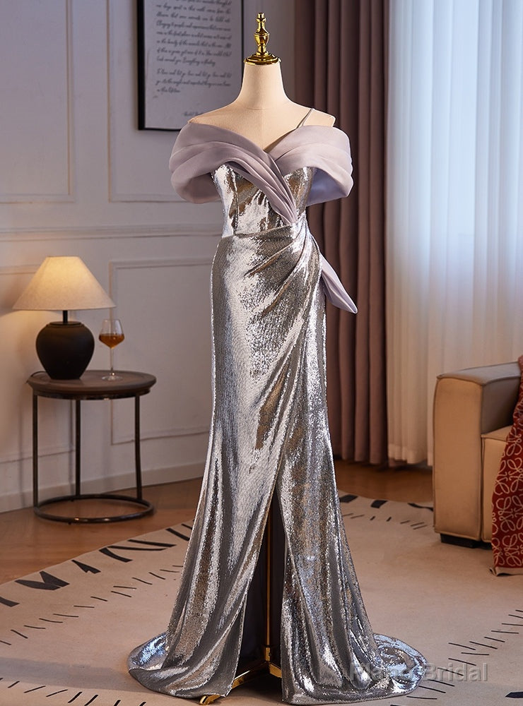 Silver Mermaid Sequins Split Prom Dress Main image