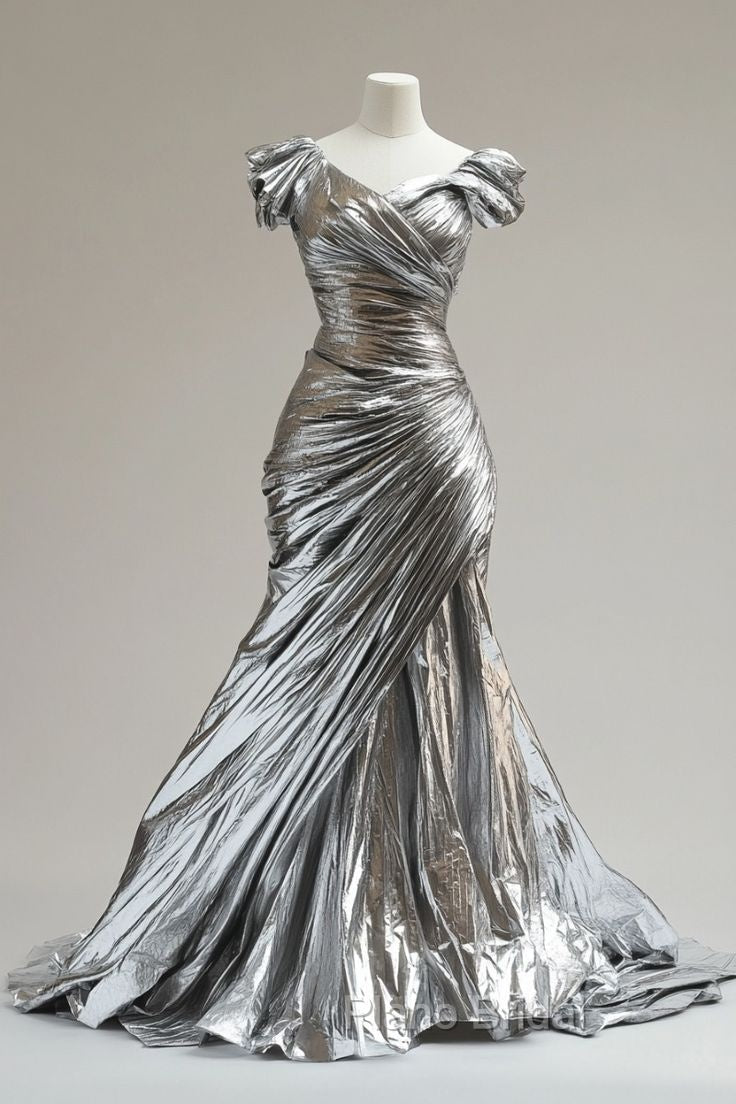 Silver Mermaid V-Neck Long Formal Prom Dresses Simple Simple Formal Evening Dresses