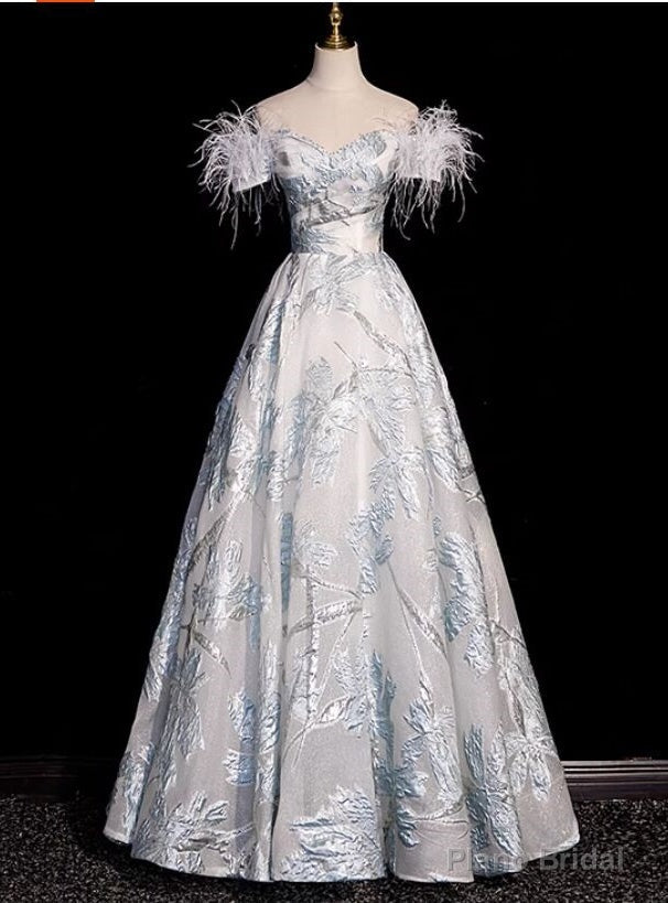 Silver Off the Shoulder Feather Prom Dress Main image