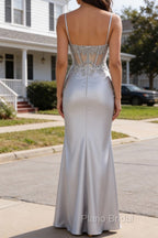 Silver Pleated Sheer Long Corset Satin Prom Dress