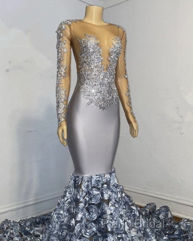 Silver Rosette Long Sleeve Mermaid Formal Prom Dresses Secondary image